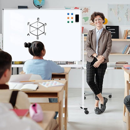 White Board on Wheels, 48 x 32 Inches Height-Adjustable Large Rolling Whiteboard, Mobile Magnetic Dry Erase Board with Stand, Double-Sided Standing Whiteboard for Office, Home, Classroom, School