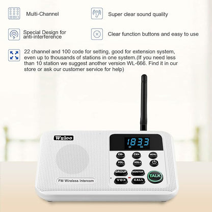 Wuloo Intercoms Wireless for Home 1 Mile Range 22 Channel 100 Digital Code Display Screen, Wireless Intercom System for Home House Business Office, Room to Room Intercom Communication(4Stations White)