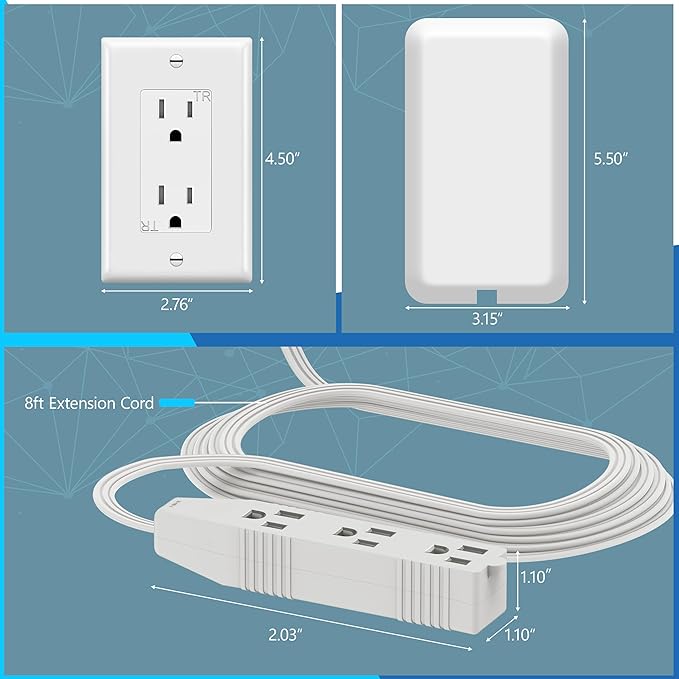 LIDER Flat-Face Outlet Extender with 3 Receptacles, Ultra-Thin Wall Plate Plug with Cord Extender and 3-Outlet Power Strip, 8ft Cord, LWE8-315-W, ETL-Listed, White