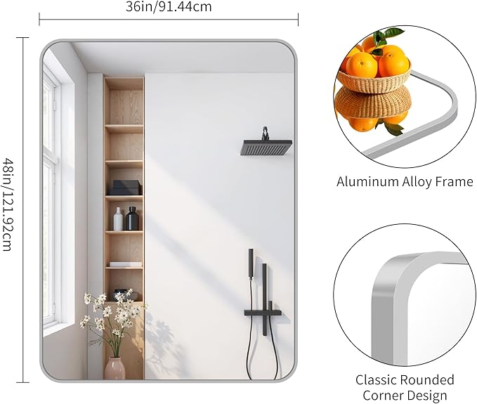 FORBATH 36x48 Inch Silver Bathroom Mirror for Over Sink, Large Rectangular Wall Mirror with Metal Frame, Rounded Corners for Bathroom, Bedroom, Entryway Decor (Horizontal or Vertical)