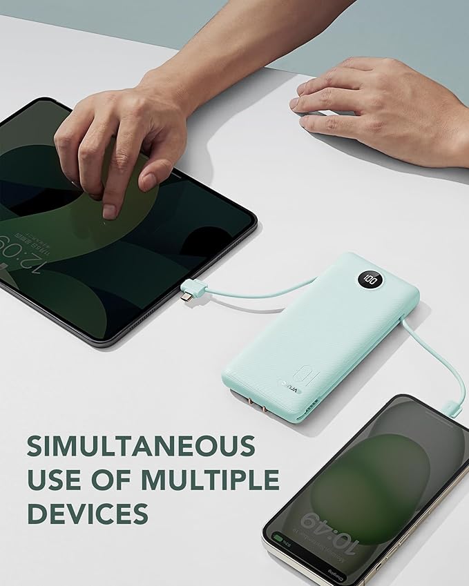 VRURC Portable Charger Built-in Cables and AC Wall Plug, USB C Power Bank 10000mAh, Travel Battery Portable Phone Charger Compact Lightweight External Battery Pack for Smart Phones, Tablets etc-Green