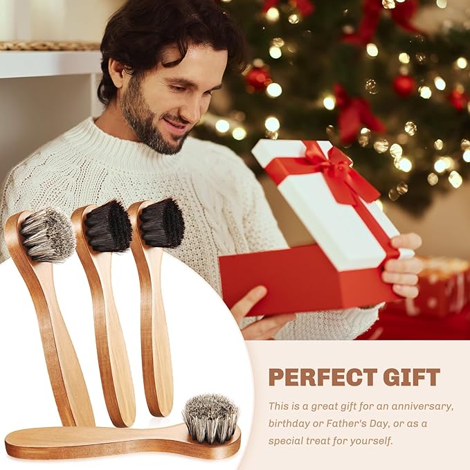 4 Pcs Horsehair Shine Shoes Brush Kit Polish Dauber Applicators Cleaning Leather Shoes Boots Care Brushes Suede Cleaner Brush with Microfiber Shoe Cloth(Wooden Handle B)