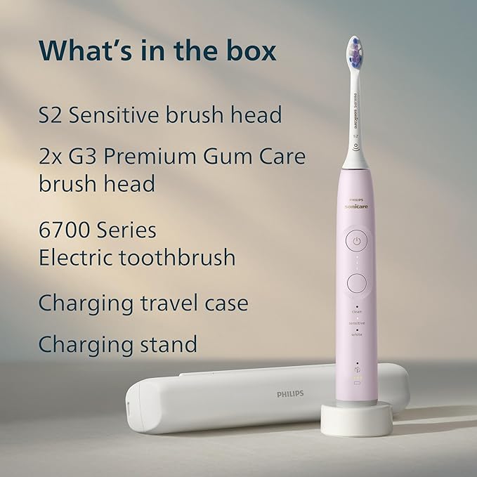Philips Sonicare 6700 Series Electric Toothbrush - Next-Generation Sonicare Technology, Pressure Sensor, 9 Brushing Settings, SmarTimer, 21-Day Runtime, Travel Case, Light Pink, HX7412/04