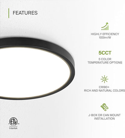 ASD LED 12" Round Flush Mount Ceiling Light Fixture, Low Profile Surface Lighting | 5CCT, Dimmable, Ultra-Thin, ETL Listed | 24W 2000LM 2700-6000K 100-277V | Kitchen, Bedroom, Hallway Lamp | Black