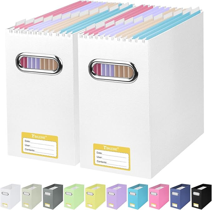 BALEINE File Organizer Box, Cardboard File Folder Organizer with Handle for Letter Size, Portable Collapsible Hanging Filing Box for Home Office Document Storage (2 Pack, White)