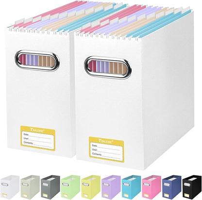 BALEINE File Organizer Box, Cardboard File Folder Organizer with Handle for Letter Size, Portable Collapsible Hanging Filing Box for Home Office Document Storage (2 Pack, White)