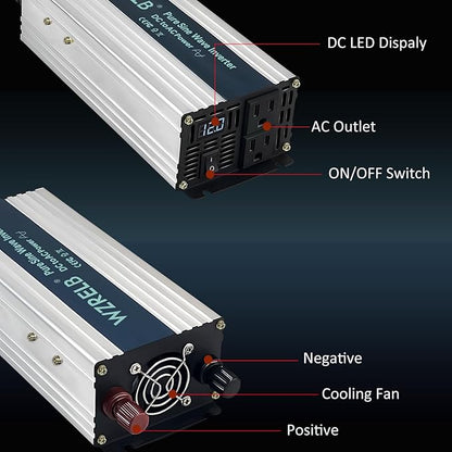 WZRELB 1000W Pure Sine Wave Inverter 24V DC to 110V 120V AC Power Converter with LED Display, Off-Grid Portable Power Inverter with 2 AC Outlets for Home, RV, Truck, Camping