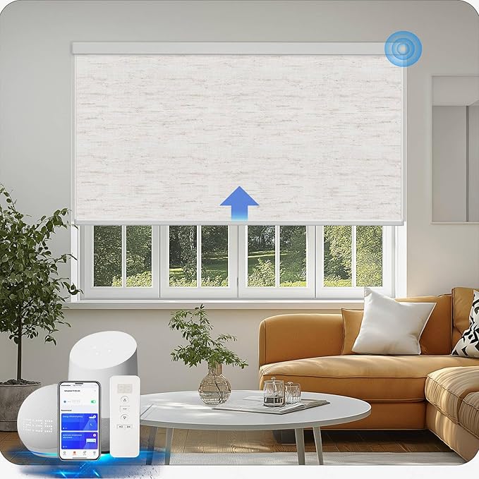 COOLWINDS Motorized Blinds with Remote Cordless Automatic Motorized Shades Custom Blinds for Windows Smart Curtains Compatible with Alexa Google Home(Blackout Linen Sandy Beach,W58 x H72in)
