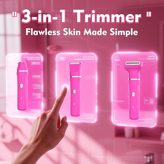 Bikini Trimmer for Women - IPX7 Waterproof Pubic Hair Remover for Shower & Travel, 3-in-1 Bikini Trimmer with Body/Round/Curved Heads, Hypoallergenic Foil & Ceramic Blades, Self-Care Gifts for Her
