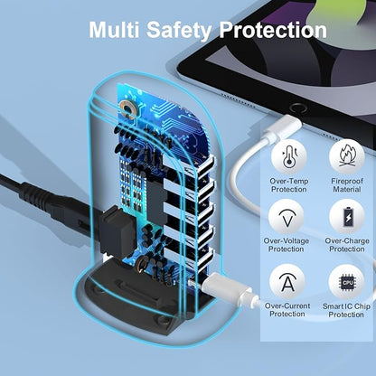 USB Charger Block with Type C, 6-Port Chargers for Multiple Devices, USB Charging Hub with Smart IC, Charger Station for Phone/Tablet/Gaming, Wall Charger Adapter Compact&Portable