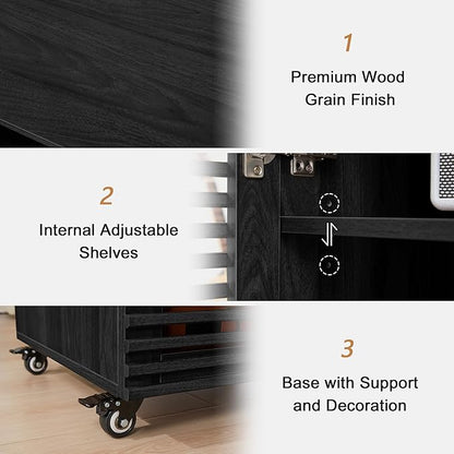 LEVNARY 5-Tier AV Media Cabinet with Grille Door, Modern Wooden Stereo Rack with Adjustable Shelves & Wheels, Audio Video Cabinet for Living Gaming Room Recording Studio (Black)