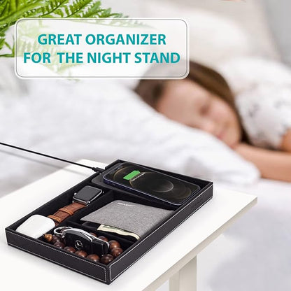 Valet Tray, Built in Wireless Charging Pad, Nightstand Organizer, Dresser Organizer, Mens Jewelry Box, Valet Charging Station, Faux Leather Valet Tray for Men and Women, (Black)