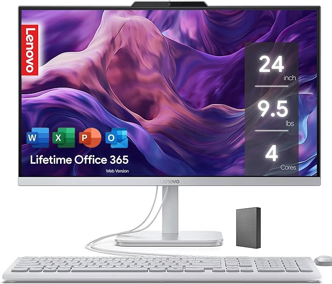 Lenovo IdeaCentre Everyday Tasks 24" Full HD All-in-One Desktop Computer • Lifetime Office 365 for The Web • Intel 4-Cores • 512GB External and 256GB SSD • 8GB RAM • Keyboard and Mouse • Windows 11