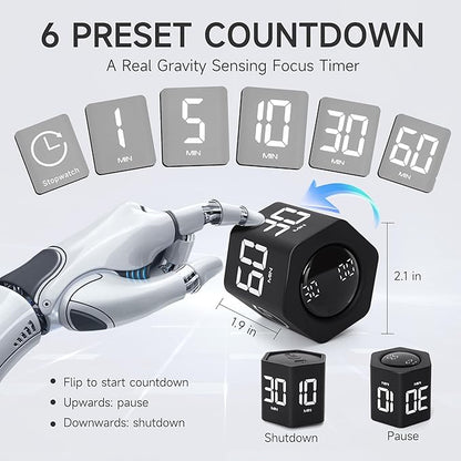Productivity Timer 1, 5, 10, 30, 60 Minutes Preset, Desk Cube Timer with Gravity Sensor/Mute/Vibration for ADHD, Work, Study, Kitchen, Back to School (1, Black)