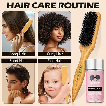 Slick Back Hair Brush & Wax Stick Set for Slick Back Hair – Teasing Boar Bristle Hair Brush for Sleek, Control, Flyaways & Baby Hairs – Wax Stick for Women Sectioning & Smoothing Ponytail Bun