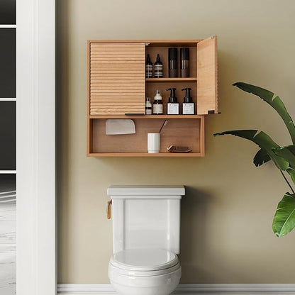 Wall Mounted Bathroom Cabinet with Motion Sensor LED Light & Tissue Dispenser, Modern Oak Medicine Cabinet Over Toilet with Fluted Door, Adjustable Shelf for Skincare & Makeup Storage