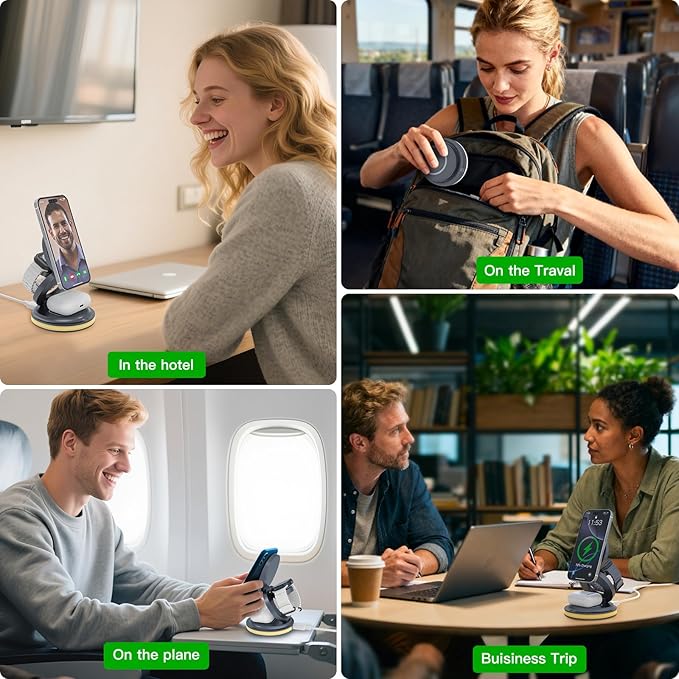 ZealSound 3-in-1 Foldable Magnetic Wireless Charger Stand – 15W Fast Charge with Night Light & Includes 30W Adapter, Portable Charging Pad for iPhone, Apple Watch & AirPods 2/3, Home, Office, Travel