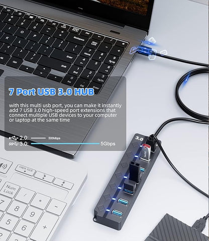 USB 3.0 Hub, PANPEO 7-Port USB Data Hub Splitter with 3ft Long Cable USB Extension for Laptop,PC Computer,Surface Pro, PS4/5, Flash Drive, Mobile HDD - with LED Individual On/Off