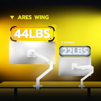 ARES WING Ultrawide Monitor Arms White with USB A/C, Heavy Duty Monitor Arm for 17 to 49 inch Screen, Holds 44 lbs, Adjustable Gas Spring Desk Mount with Clamp and Grommet Base