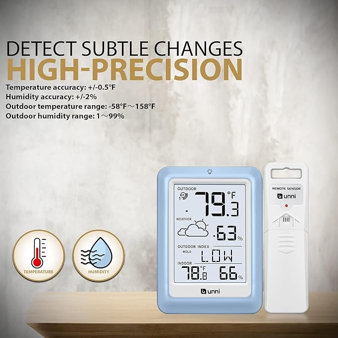 Indoor Outdoor Thermometer Wireless Weather Station, Temperature Humidity Monitor Battery Powered with 330ft Range Remote Sensor and Backlight Display（Light Blue）