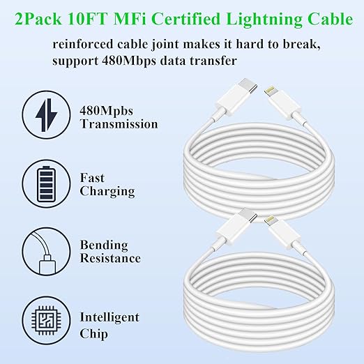 2Pack Fast Charger iPhone [Apple MFi Certified],10FT iPhone Charger Fast Charging USB C to Lightning Cable with 2Pack PD USB C ChargerBlock 10ft i Phone Charger Cord for i Phone 14/13/12/11/X/XS Max/8