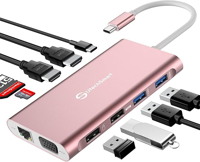 Docking Station, UtechSmart Docking Station Dual Monitor Triple Display USB C Adapter with 2 HDMI, VGA, PD 3.0 Port, SD TF Card Reader, 4 USB Ports USB-C Dock Compatible for MacBook, Other USBC Laptop