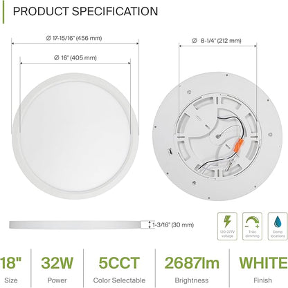 ASD LED 18" Round Flush Mount Ceiling Light Fixture, Low Profile Surface Lighting | 5CCT, Dimmable, Ultra-Thin, ETL Listed | 32W 2600LM 2700-6000K 100-277V | Kitchen, Hallway Lamp | White, 4 Pack