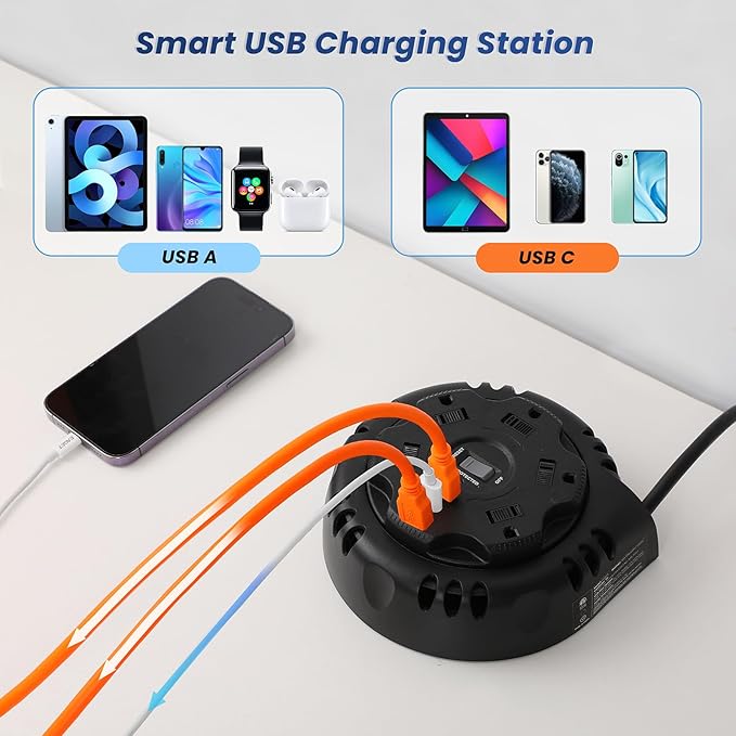 10ft Flat Plug Surge Protector Power Strip, Retractable Extension Cord with Multiple Outlets, 5 AC & 3 USB Charger(1 USB C Port), Desktop Charging Stations for Home/Office/Dorm Room