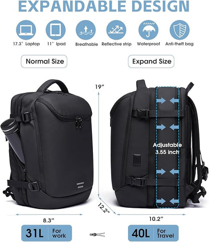 Vacuum Backpack Travel with Pump, 40L Expandable Carry on Compression Backpack Flight Approved for Women Men Fit 17 Inch Laptop with USB Charging Port Business Weekender