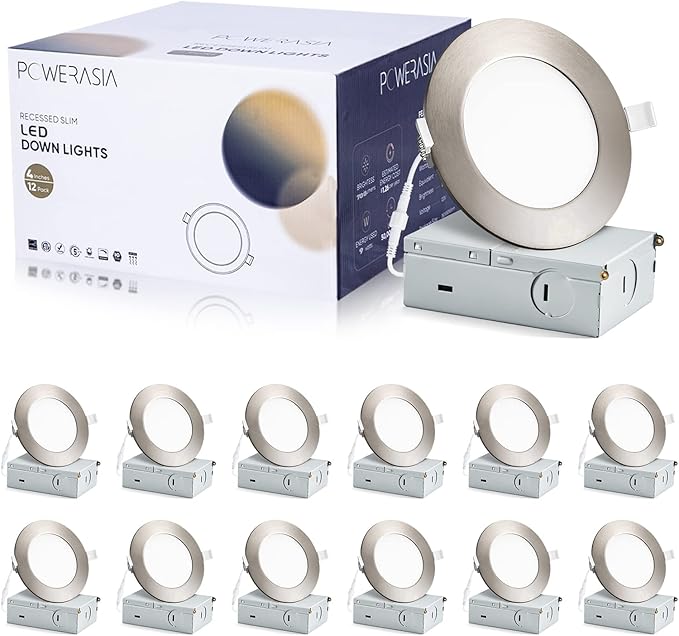 12 Pack Recessed Lighting 4 Inch with Junction Box, 5CCT 4 Inch Brushed Nickel LED Recessed Lights Dimmable 2700K-6000K, 9W 700lm Ultra Thin Recessed Lighting - ETL and Energy Star Certified