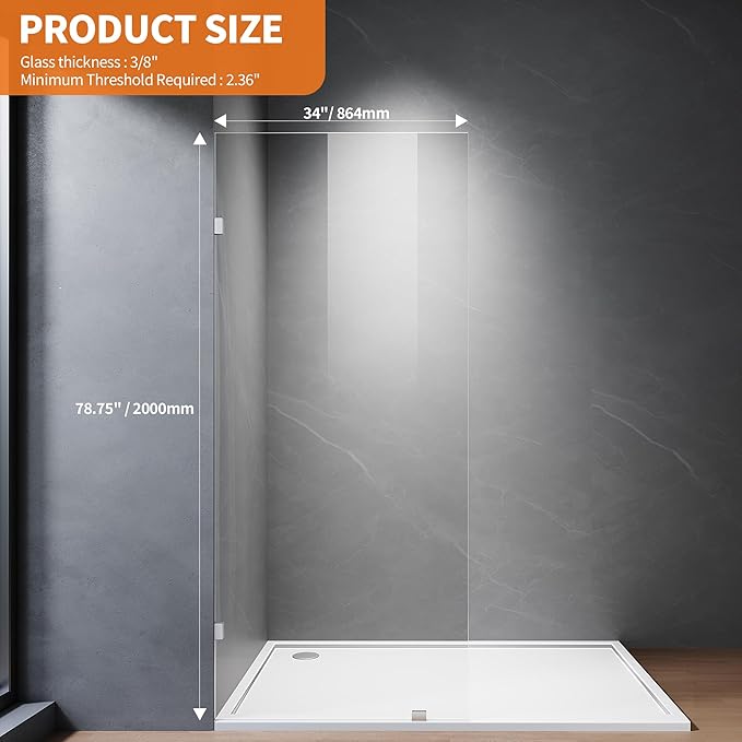 Shower Glass Panel, 34" W x 78.75" H Fixed Shower Screen Panel with 3/8"(10mm) SGCC Ultra Clear Tempered Glass, Frameless Walk in Shower Door with Easy‑Clean Coating (Chrome, 34" W x 78.75" H)
