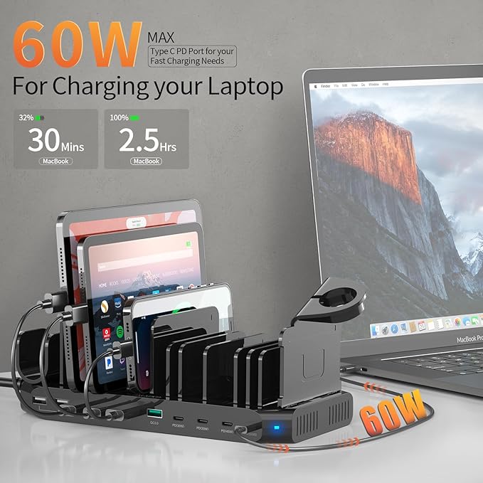 Alxum 140W USB C Charging Station -10 Port Fast Charging Station with QC 3.0 & 4 * USB C PD 60W+45W+30W, Multi Device Charger Organizer Compatible with Laptop, iPad, Tablet, Cell Phone and More