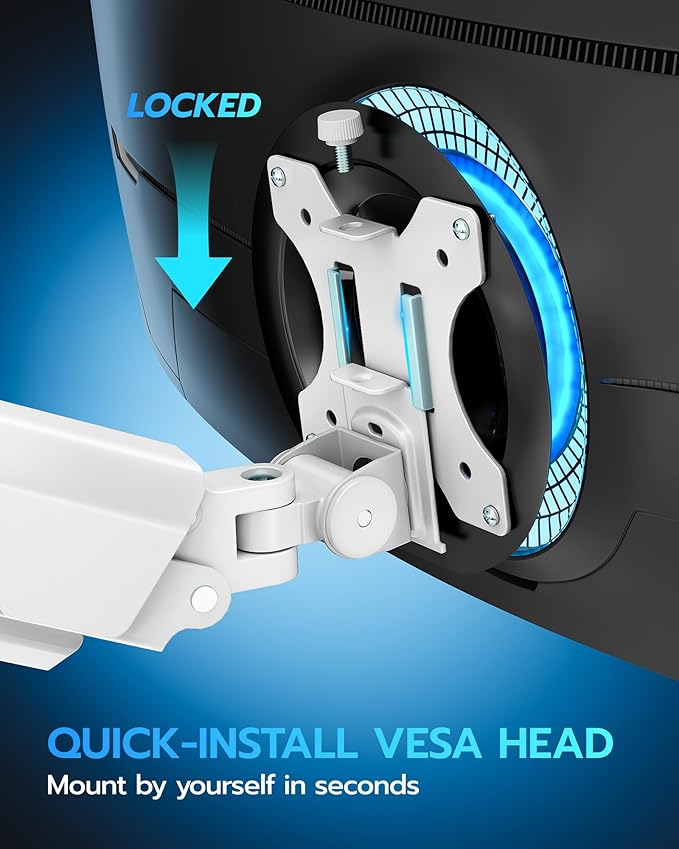 ARES WING Heavy Duty Single Monitor Arm - Fully Adjustable Monitor Mount for 17"-40" Ultrawide Screens Up to 26.4 lbs with Clamp/Grommet Desk Mount and USB A/C, 75/100 Vesa Mount, White