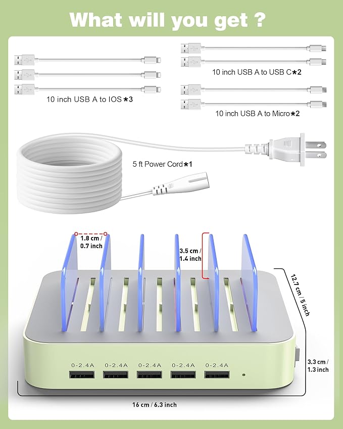 MSTJRY Charging Station for Multiple Devices : 5 Port Multi USB-A Charger Stations Multi-Device Organizer Charging Dock Designed for iPhone iPad Cell Phone Tablets (7 Short Cables Included), Cyan