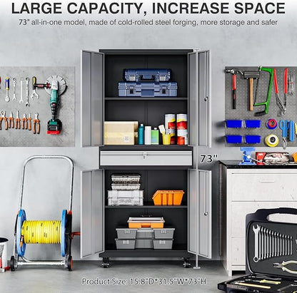Metal Garage Storage Cabinet with Wheels and Drawer,Gray Rolling Garage Cabinet with Locking Doors and Adjustable Shelves,73" Tall Mobile Metal Storage Cabinets on Wheels for Home,Office,Garages,Tool