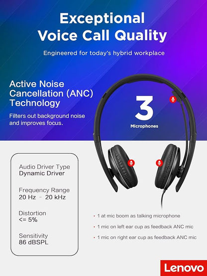 Lenovo Wired ANC Headset Gen 2 (Teams) with Active Noise Cancellation, EPOS BrainAdapt & ActiveGard Tech, Lightweight, USB-C, Plug-and-Play, Zoom Certified, Customizable, Hearing Protection