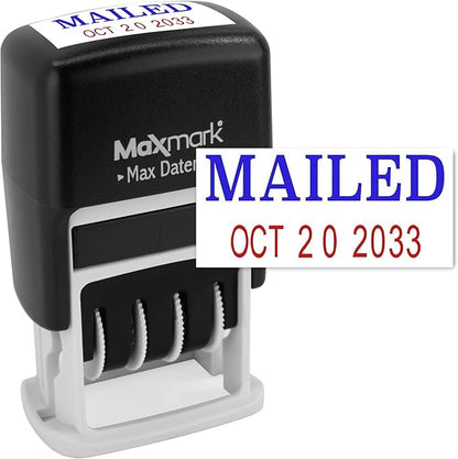 MaxMark Self-Inking Rubber Date Office Stamp with MAILED Phrase Blue Ink & Date RED Ink (Max Dater II), 12-Year Band