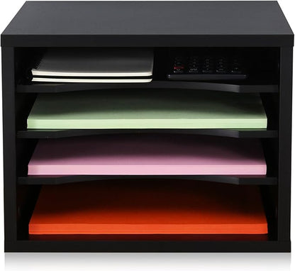 FITUEYES Wood Desk Paper Organizer with 4 Tiers Storage, Desktop File Holder, Document Letter Sorter Tray with Adjustable Shelves, Home Office Wooden Mail Rack, Black