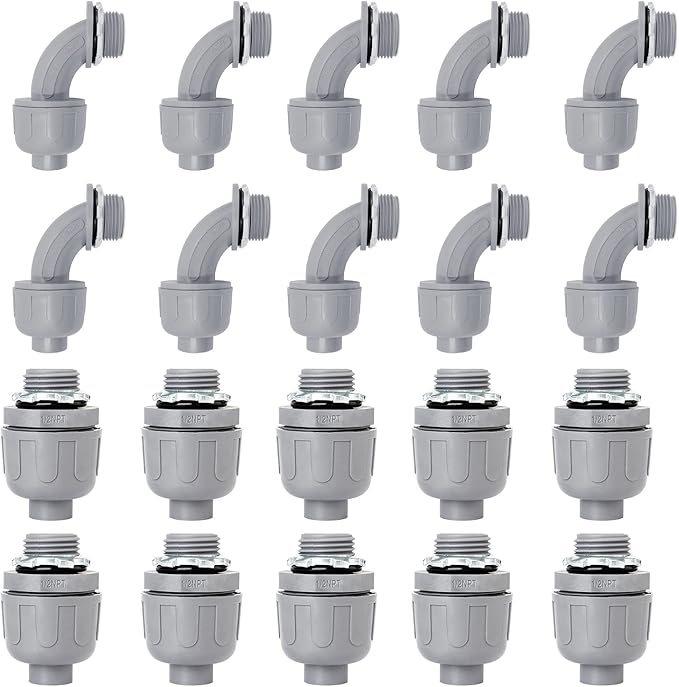 1/2 inch Liquid Tight Connector PVC Flexible Conduit Connector UL Listed Liquid Tight Conduit Fittings 20 Pack (10 pcs 180D/10 pcs 90D)