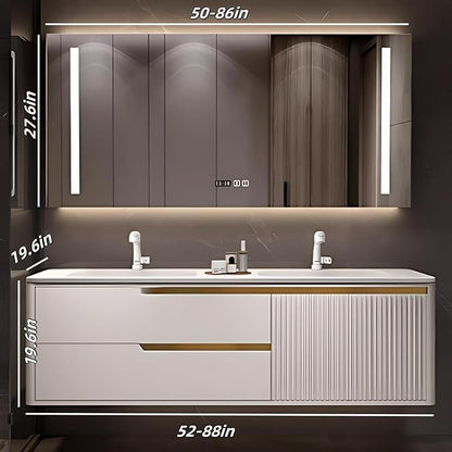 Bathroom Vanity with Double Sink - Smart Defogging Mirror & LED Lights on Both Sides, Floating Bath Sink Cabinet | 2 Drawers, Wave Shaped Panel (White, 60IN)