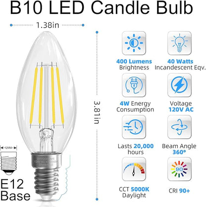 GvvooHome LED Candelabra Light Bulbs, E12 Bulb dimmable, 4W,40 watt Equivalent, Chandelier Light Bulbs, B10 Candle Bulb 5000K Daylight, 90+CRI, 400LM, Clear Glass, 48 Pack