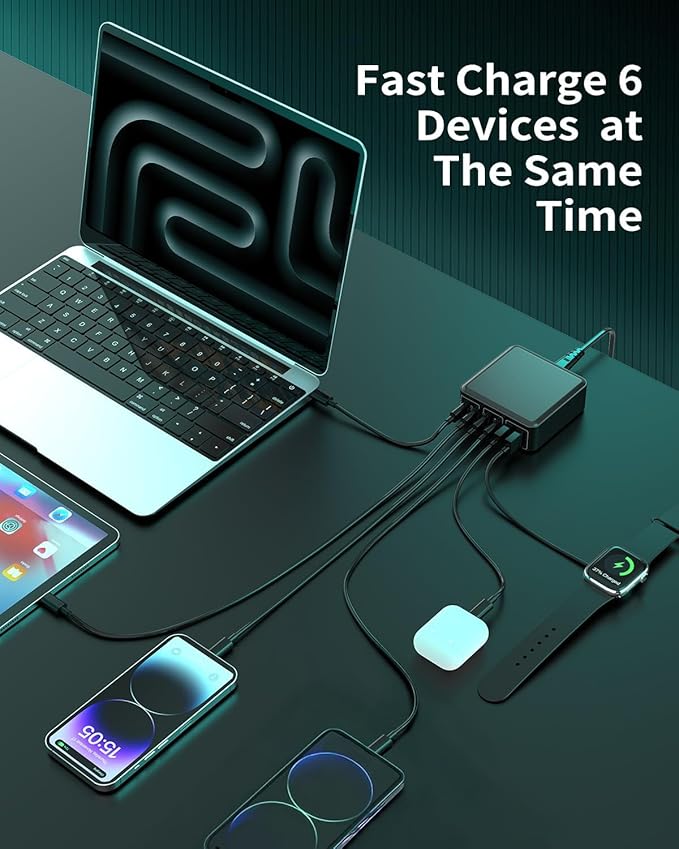 MSTJRY Charging Station for Multiple Devices : 130W 6 Port GaN Fast USB C Charger Station, Compact Multi Port PD 65W 45W Charger for iPhone 17/16 15/14/13/Pro Max