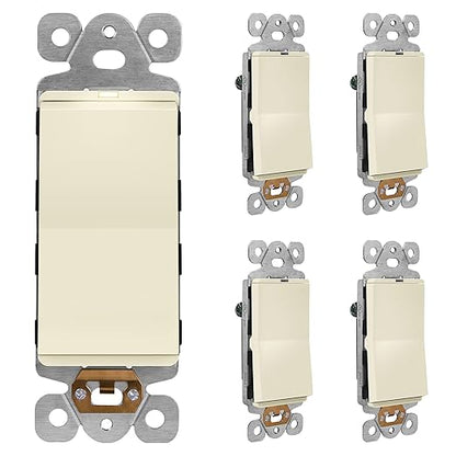 LIDER Minimalist Design Matte Finish Lighted Decorator Switch, Frameless Paddle Light Switch with Locator Light, Grounding Screw, 15A 125V, UL Listed, LS15-1P-LA5P, Light Almond, 5 Pack