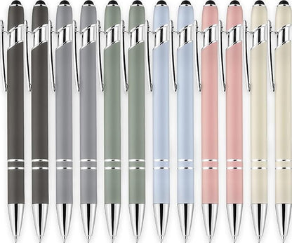 LINFANC 12 Pack Morandi Ballpoint Pen with Stylus Tip, 1.0 mm Black Ink Smooth Writing Pens, Metal Stylus Pens for Touch Screens