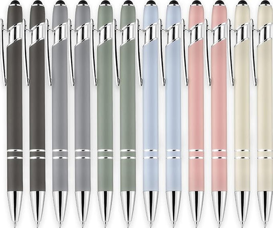 LINFANC 12 Pack Morandi Ballpoint Pen with Stylus Tip, 1.0 mm Black Ink Smooth Writing Pens, Metal Stylus Pens for Touch Screens