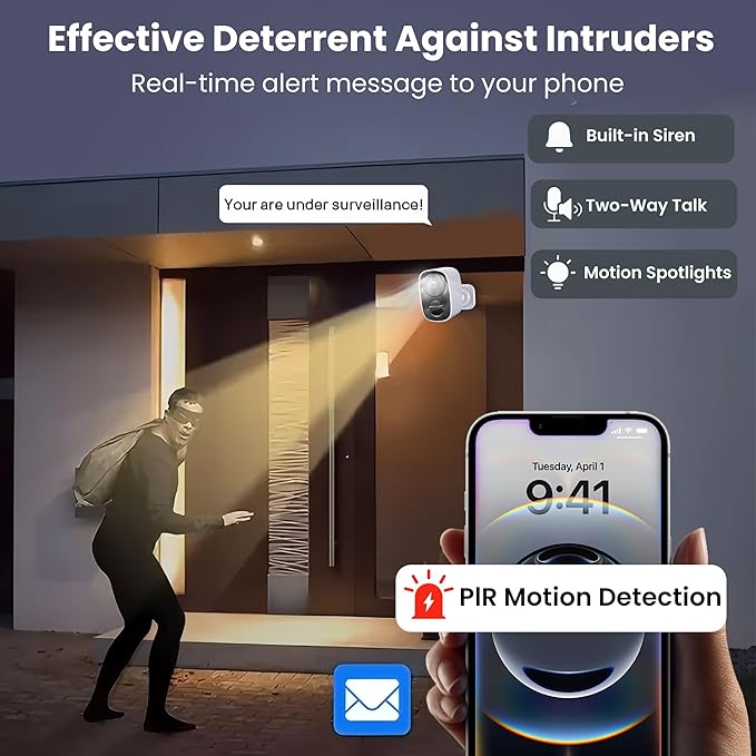 2025 Upgraded 2K Security Cameras Wireless Outdoor, Free Cloud Storage, 1-6 Months Battery Life, Waterproof, 2-Way Talk, AI Motion Detection Spotlight Siren Alarm Cameras for Home Security