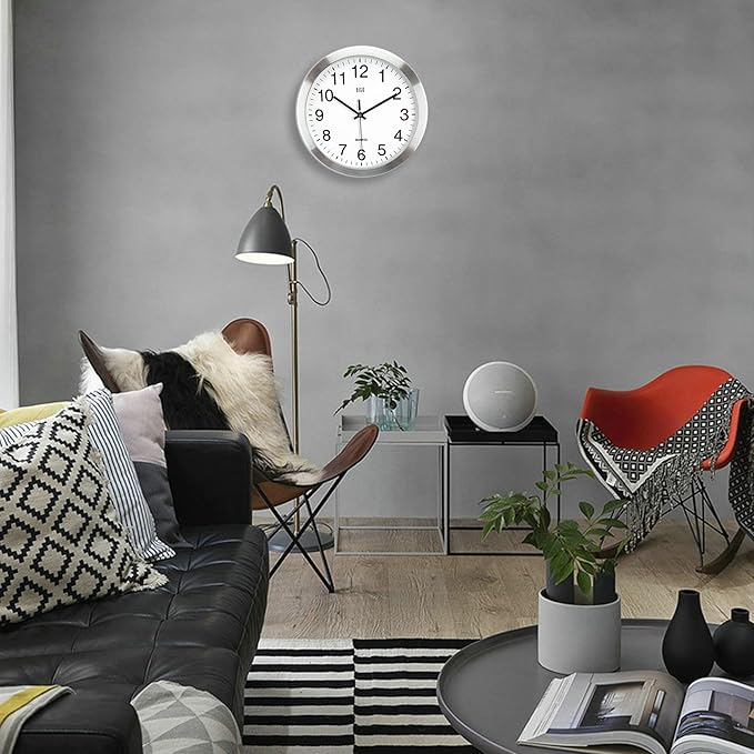 HITO 12 Inch Silent Wall Clock Battery Operated Non Ticking Glass Cover Silver Aluminum Frame, for Kitchen, Bedroom, Home Office, Living Room Decor