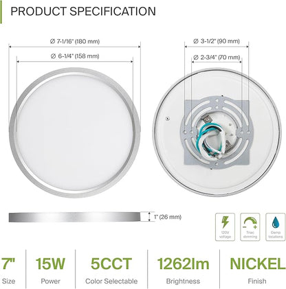 ASD LED 7" Round Flush Mount Ceiling Light Fixture, Low Profile Surface Lighting | 5CCT, Dimmable, Ultra-Thin, ETL Listed | 15W 1260LM 2700-6000K 120V | Kitchen, Hallway Lamp | Nickel, 12 Pack