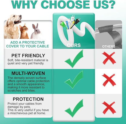 UOMTFAI Dog and Cat Cord Protector 10ft - 3/8inch, Flexible Cable Sleeve for Easy Cord Management, Protects Cables from Pets Chewing, Ideal for USB, Power, Audio and Video Cords - White