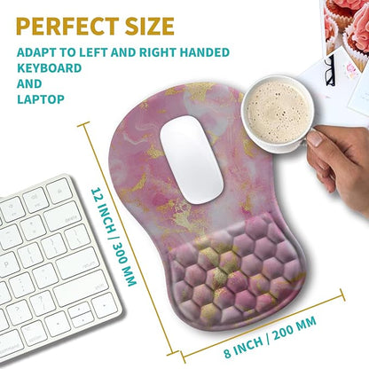Hokafenle Ergonomic Mouse Pad Wrist Support, Wrist Rest Mousepad for Carpal Tunnel Pain Relief with Integrated Memory Foam Slope Massage Bulge (11.8x7.9 inch,Pink Gold Marble